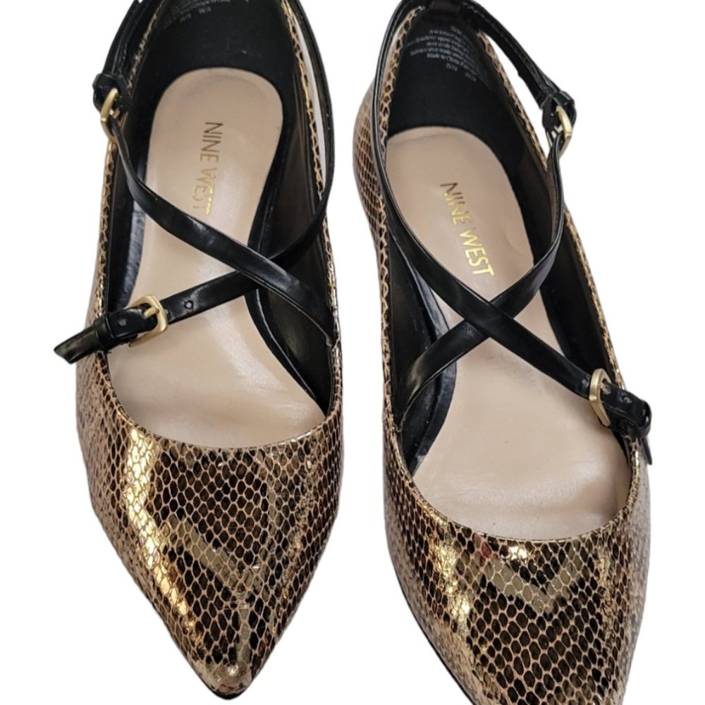 ❤️Host Pick❤️NINE WEST- Gold Reptile Cross Strap Pointy Toe Leather Flats SZ 5…
